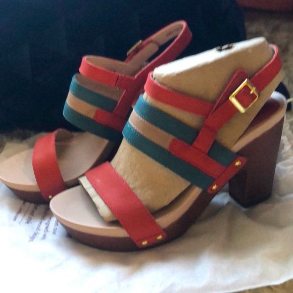 Wood Platform Coral/Teal Ankle Strap Sandal